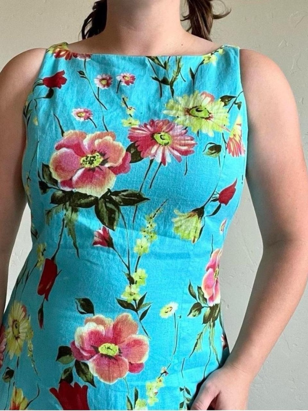 90’s vintage Jones New York bright blue floral print linen shift dress - Picture 7 of 8